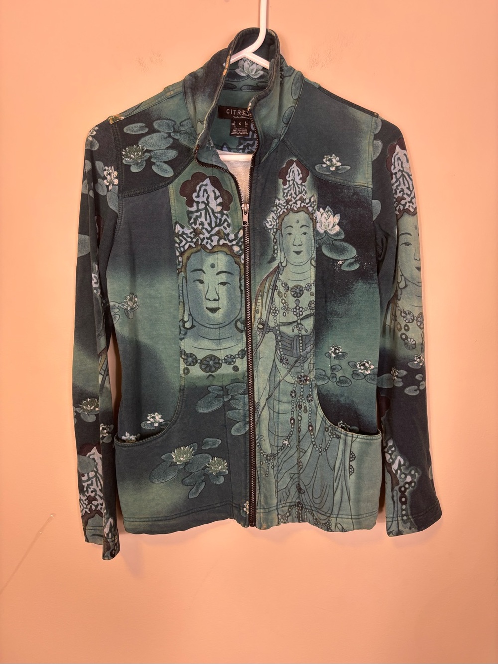 Citron Green Buddha Lotus Printed Zip-Up Fleece Lined Jacket Women’s Small
